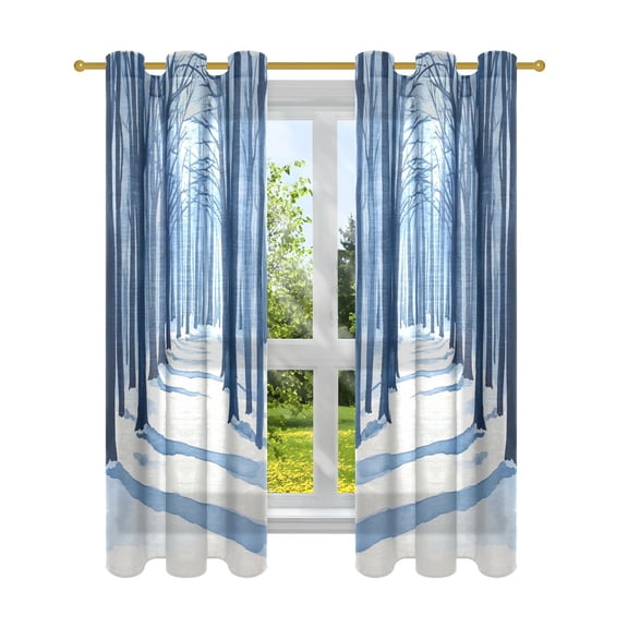 Watercolor Winter Forest Paths Semi Sheer Curtains for Living Room Bedroom Set of 2 Insulated Window Drapes