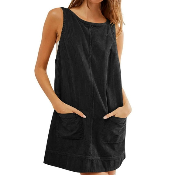 Women Dresses Under $10! Xqxayjr Women's Corduroy Overall Dress Round Neck A Line Skirtall Jumper Mini Dress Pinafore with Pockets