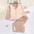 thumbnail image 2 of VNKIDY Girls Homewear Outfit Kids Solid Color Satin Homewear Set Long Sleeve Collared Top Elastic Waist Pants Soft Smooth Nightwear For Casual Daily Home Activities Classic Set, 2 of 6