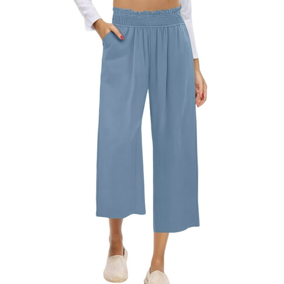 Plebaso Womens Palazzo Capri Pants Elastic High Waist Casual Pants Wide Leg Cropped Trousers with Pockets