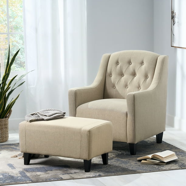 Noble House Sofia Tufted Fabric Chair and Ottoman Sets, Light Beige
