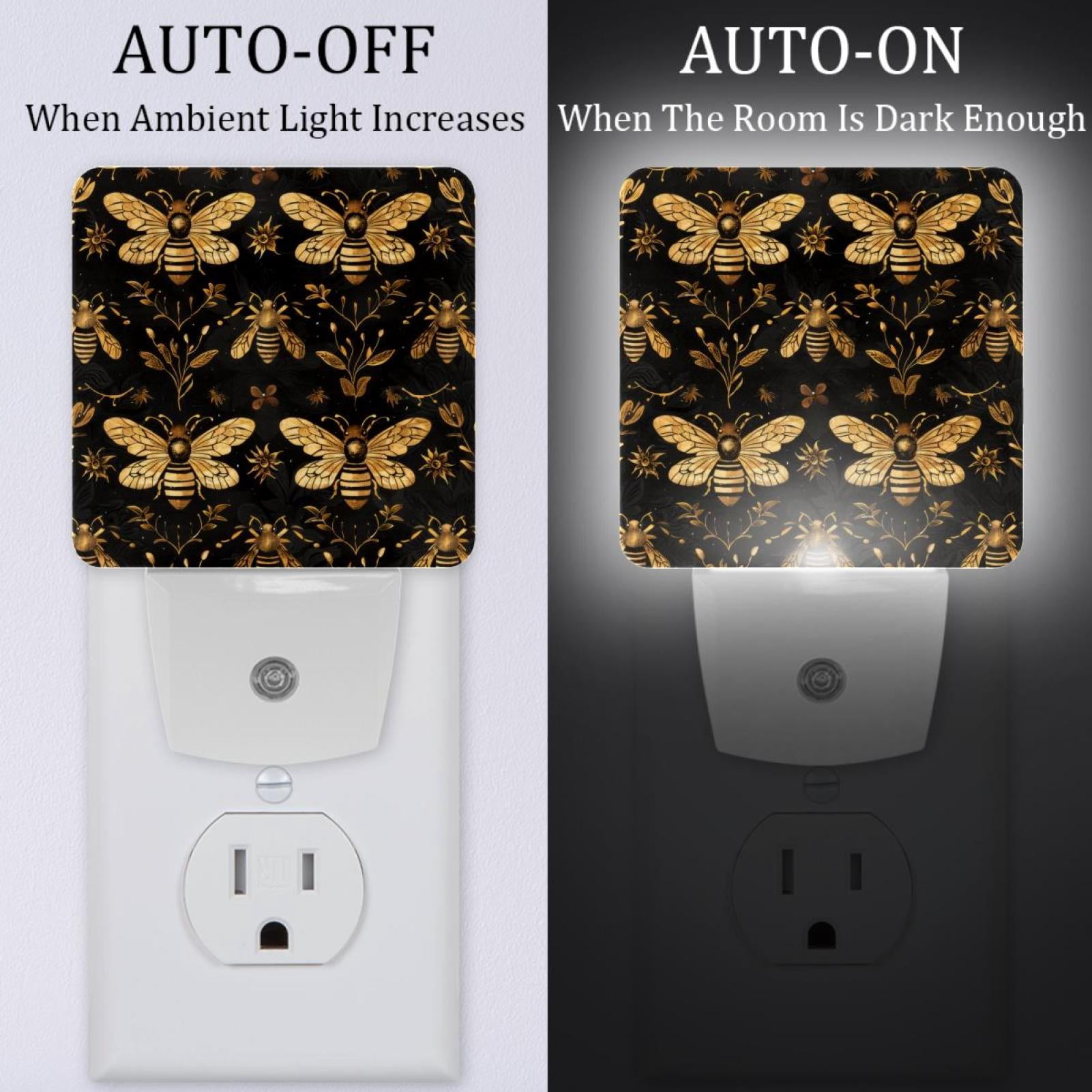PhooArto Golden Bees and Flowers Pattern Plug in LED Night Light Auto Sensor Dusk to Dawn Decorative Night for Bedroom, Bathroom, Kitchen, Hallway, Stairs, Baby's Room, Energy Saving
