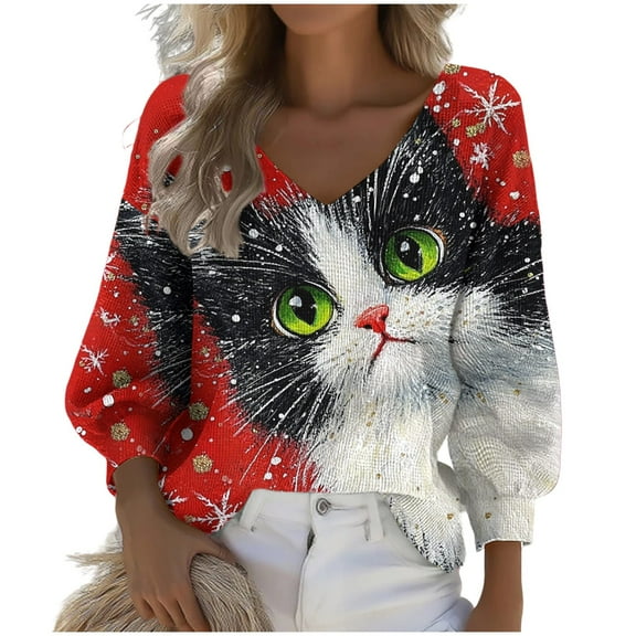 Lcziwo Womens Christmas Tops Plus Size Cute Cat Print Shirts Waffle Long Sleeve Vneck Blouses Oversized Casual Trendy Fall 2025 Tees Multicolor,XXXL