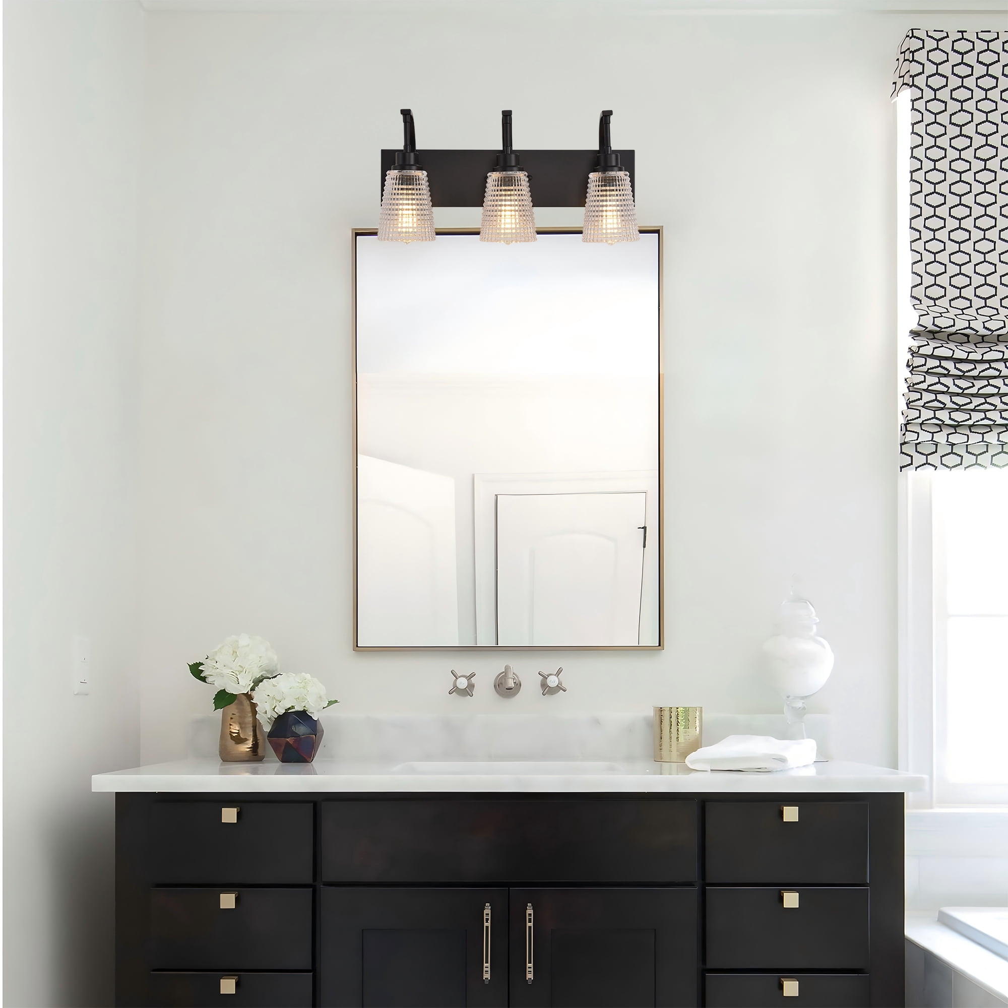 3-Light Matte Black Vanity Light, Modern Farmhouse Bathroom Light Fixture with Clear Rippled Glass Shades for Mirror, 20.86 Inch