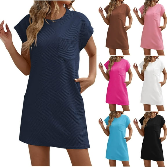 Summer Savings Clearance kttectoa Crewneck Short Sleeve Dress for Ladies Ribbed Pockets Casual Sun Dress Solid Dresses Flowy Dresses for Women Comfy Dress for Street Wear