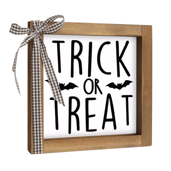 Trick or Treat Halloween Wooden Sign, Farmhouse Rustic Tabletop Decor with Plaid Bow and Bat Accents, 6 x 6 Inch Indoor Home Decor