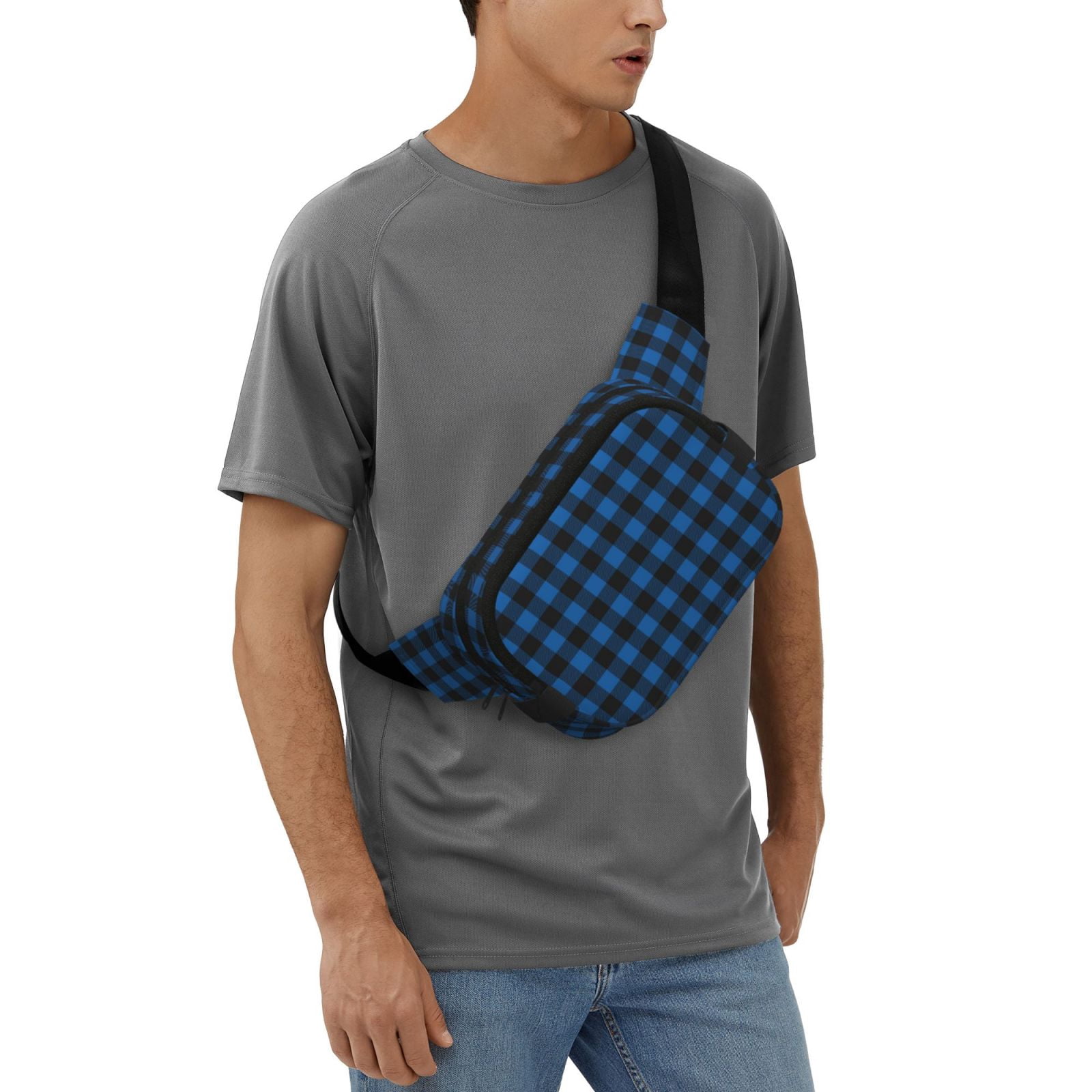 Picia Blue Black Plaid Print Square Double-Layer Waist Bag Mini Adjustable Waist Belt Bag Exercise Running Travel Hiking