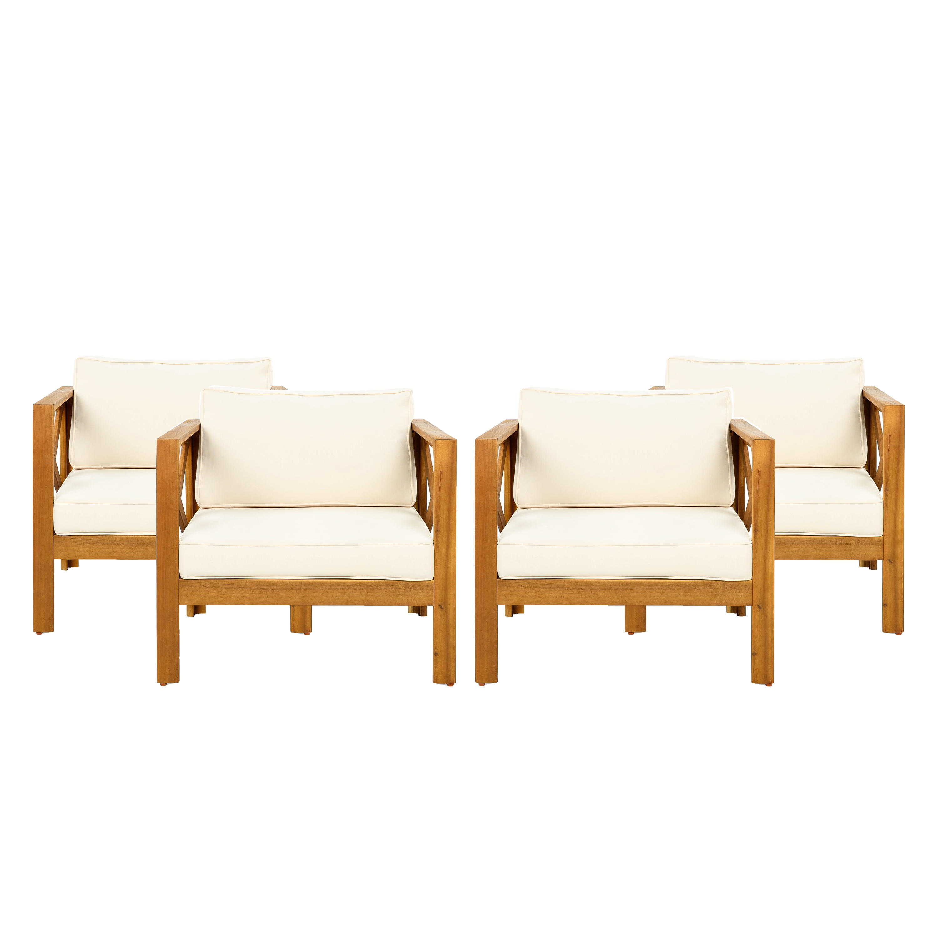 Wooden Armchair Set of 2, Outdoor Acacia Wood Club Chair with Cushions for Patio Garden, Teak and Beige