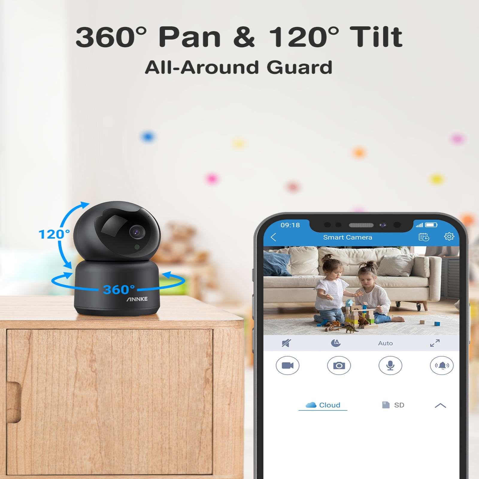 ANNKE WiFi Pan Tilt Smart Security Camera, 3MP HD Baby/Pet Monitor Indoor Camera 360-degree with Two-Way Audio, Human Motion Detection, Cloud & SD Card Storage, Compatible with Alexa(Black)