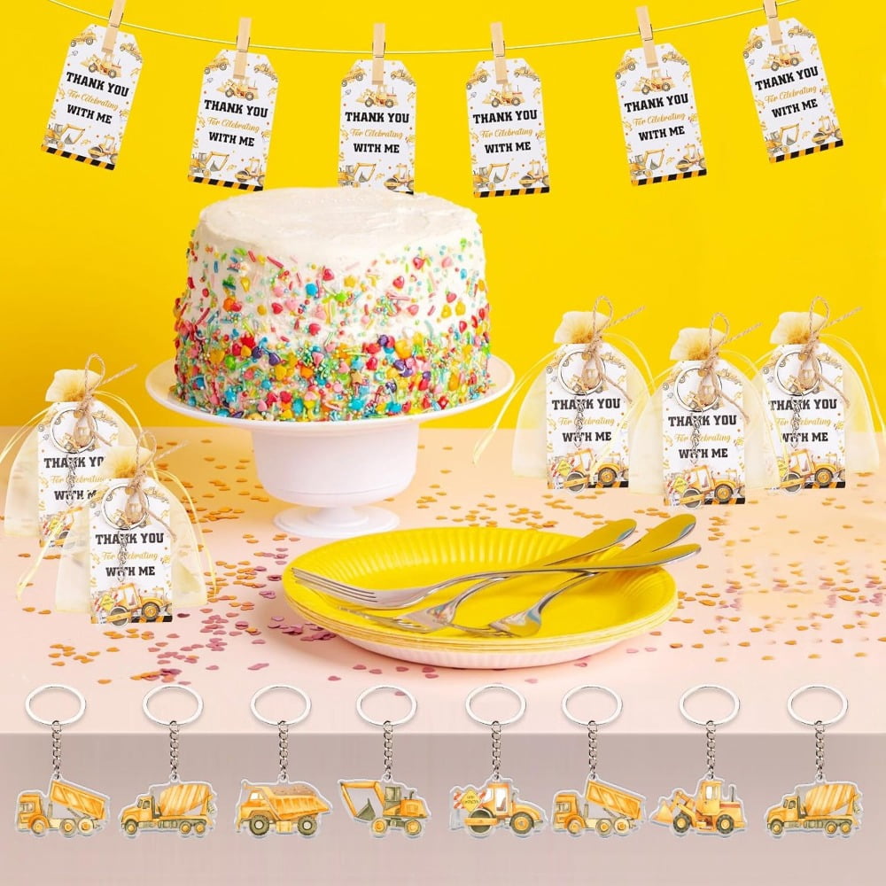 TWO WILD Serencatcher Construction Theme Party Favor, 72pcs Truck Party Favor Key Chain Thank You for Celebrating with Me Tag White Organza Bag for Construction Baby Shower Birthday Party Supplies