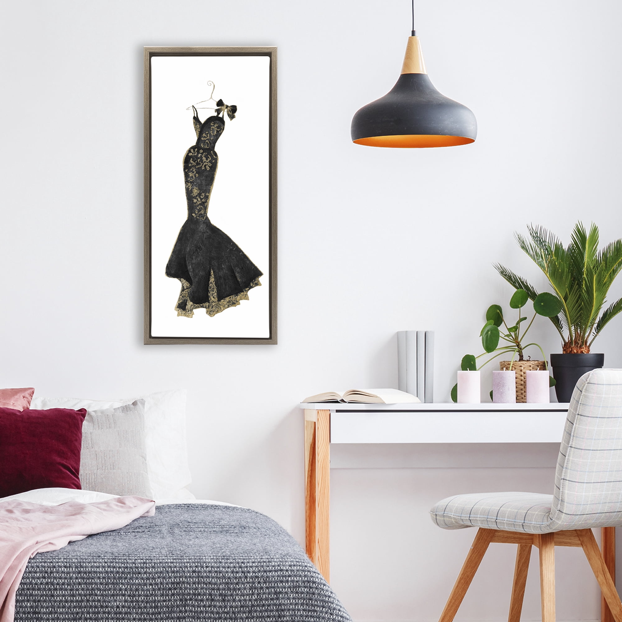 Stupell Industries Brocade Black Evening Gown Brown Framed Floater Canvas Wall Art, design by Janet Tava