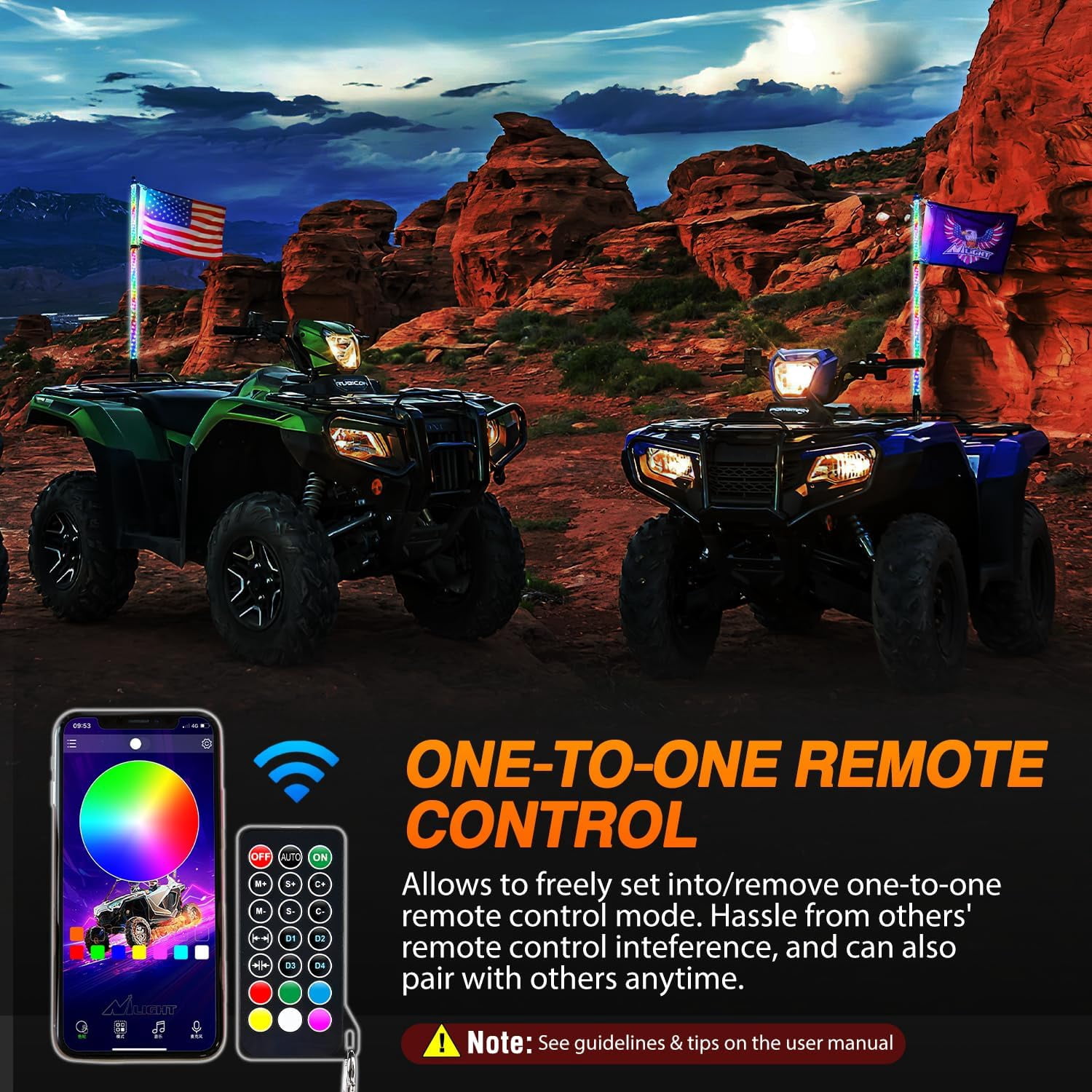 Nilight RGB Whip Light 1PC 4FT Lighted Antenna Whips with Remote & App Control DIY Chasing Patterns Brake Reverse Lights for ATV UTV Polaris RZR Can-am Dune Buggy Pickup Trucks Jeep