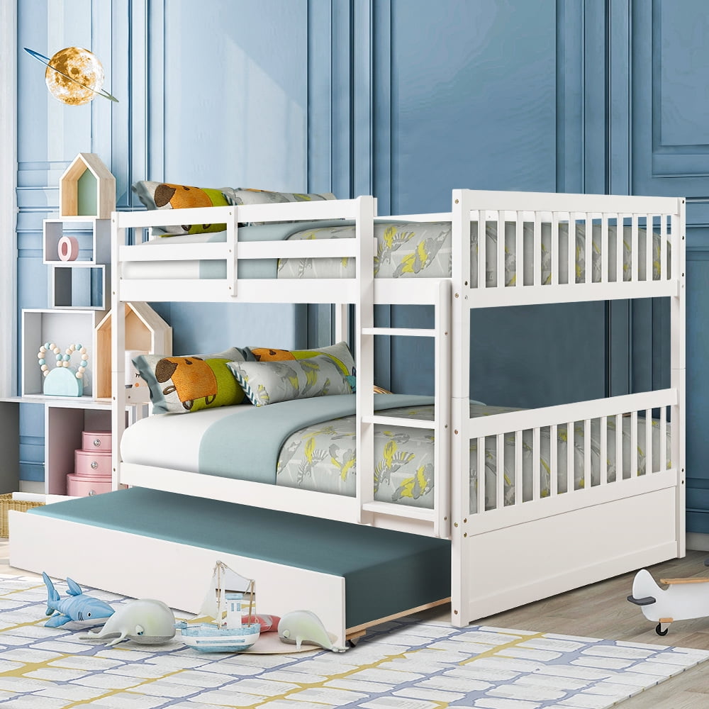 Kids Bunk Bed with Trundle, Full Over Full Bunk Beds with Ladder, Solid