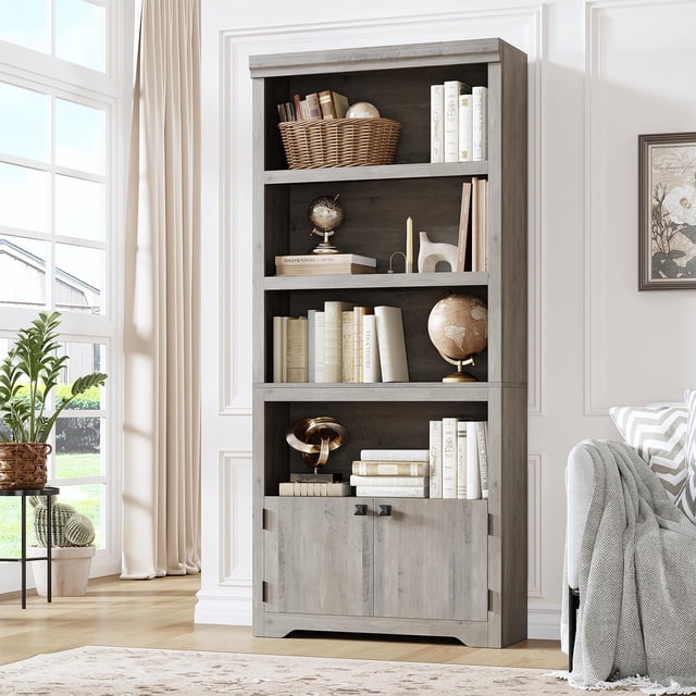 Garvee Librero de 5 Niveles con 2 Puertas y Estantes Ajustables – Estilo Rústico