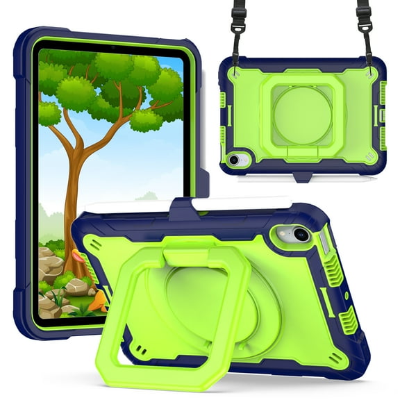 Kids Durable Handle Case for iPad mini 2021/mini 2024, Silicone PC Heavy Duty Protection [360 Rotating Ring Stand/Adjustable Shoulder Strap] Tablet Case Cover, Navyblue Olivine