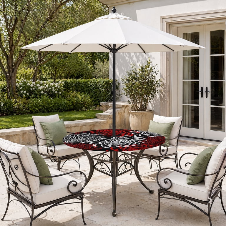 black floral patio umbrella Garden with White fringe It has overall dimensions of 103 inches L x 103 inches W x 93 inches H and weighs 10 lbs BLOOM Umbrella | A floral