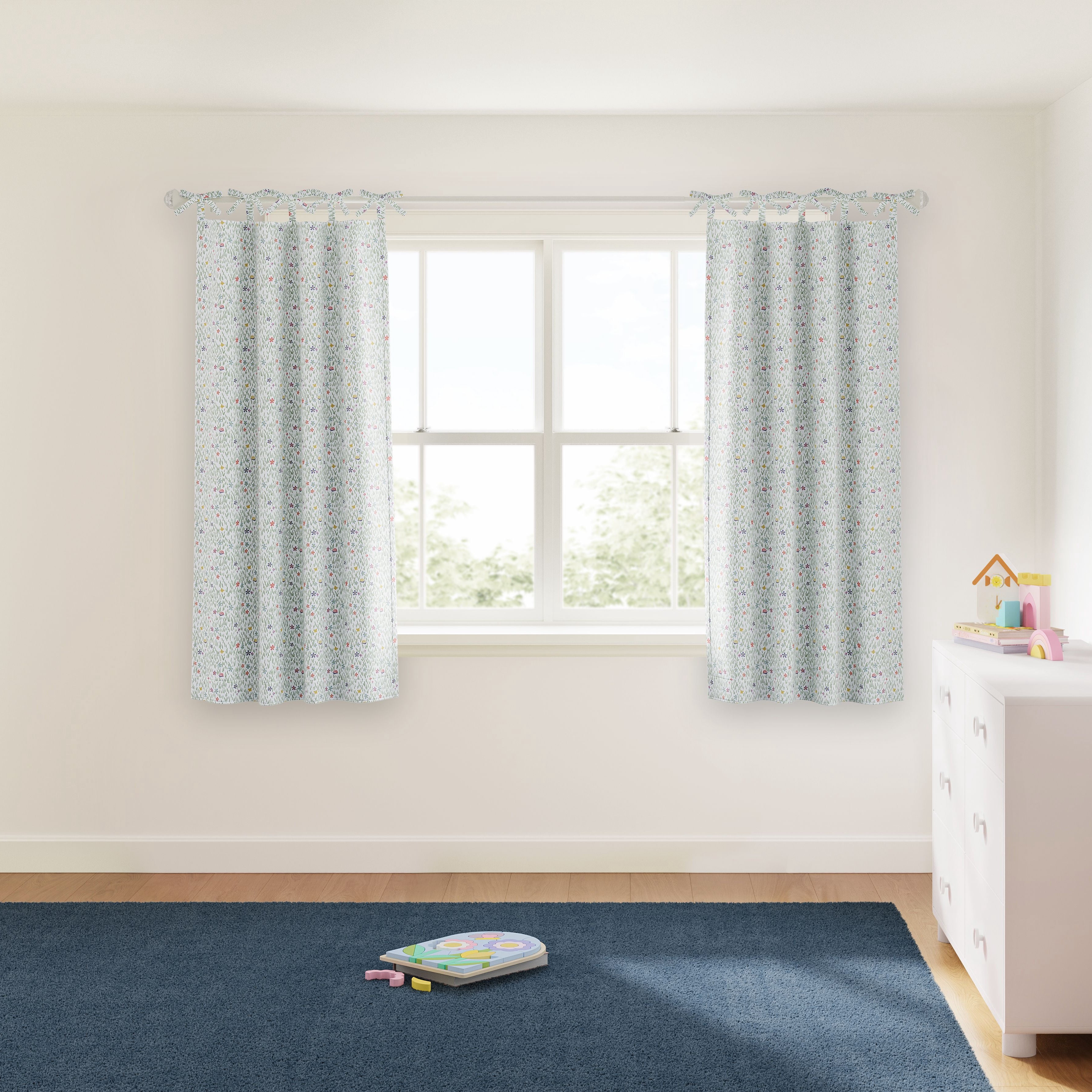 Mainstays Kids Light Filtering Tie Top Single Curtain Panel, Meadow Print, 38 in x 63 in