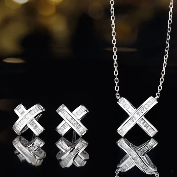 14K White Gold Plated 2Ct Baguette Cut Simulated Diamond X-Cross Necklace & Earrings Jewelry Sets For Women's
