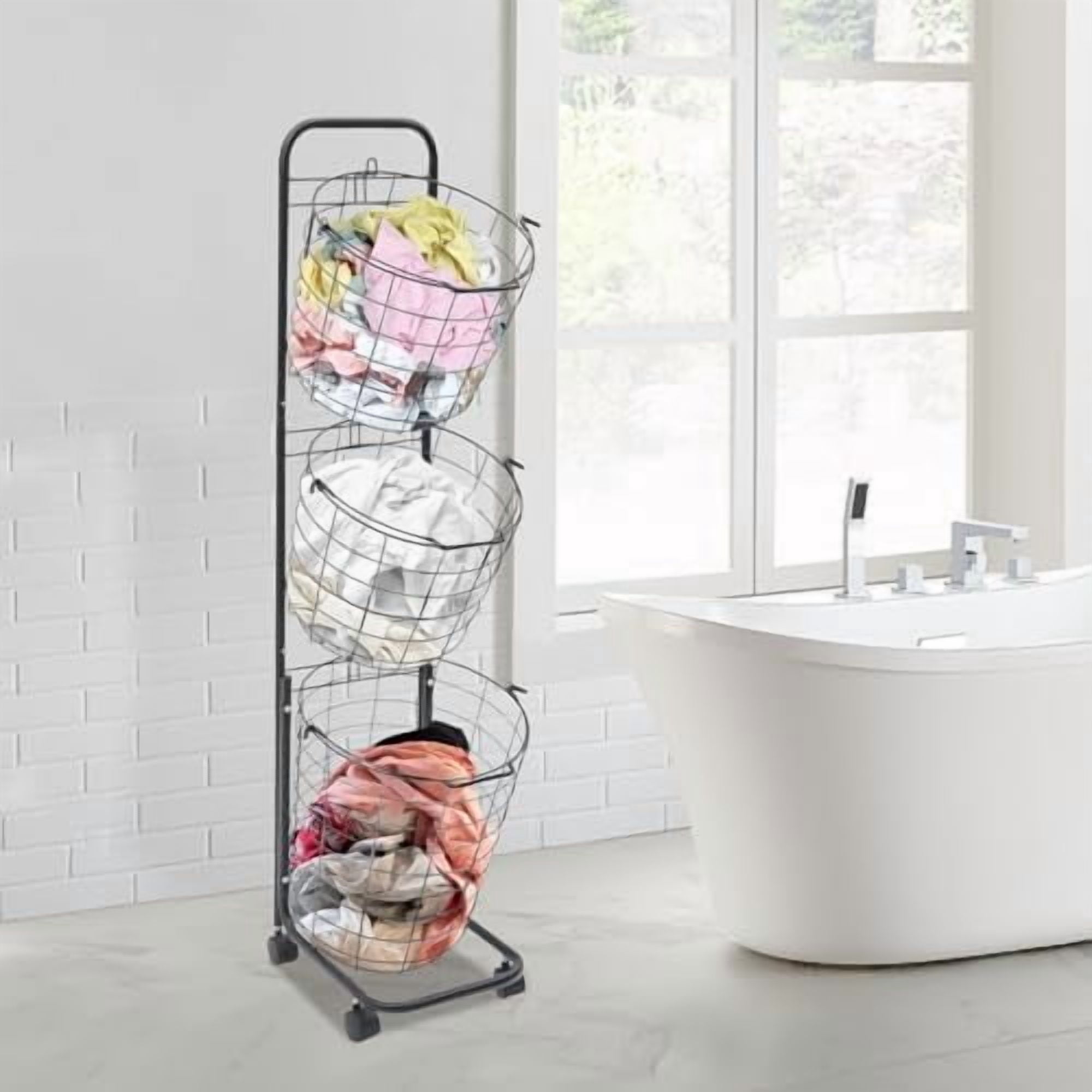Laundry Basket on Wheels, 3 Tier Large Laundry Hampers, Rolling Stackable Storage Laundry Cart with Removable Wire Organizer Baskets Clothing Sorting Laundry Baskets