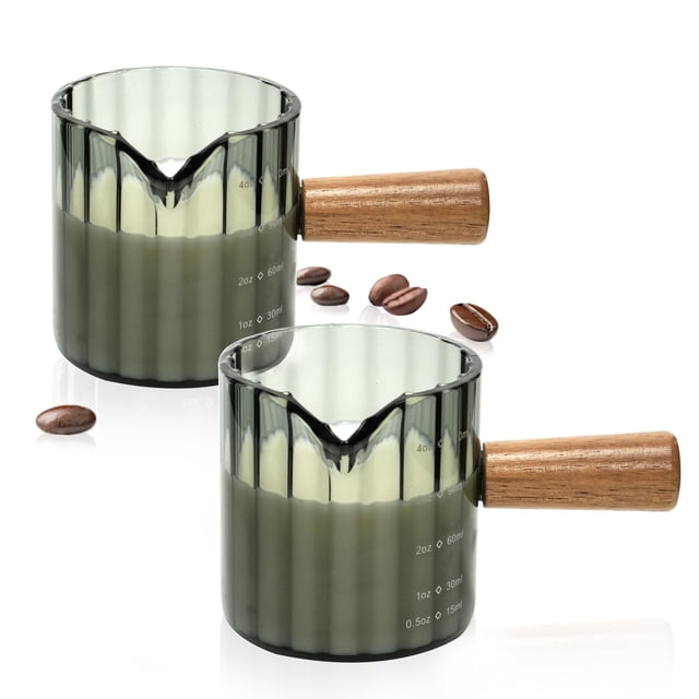 Espresso Cups Set of 2, 4 OZ Espresso Shot Glasses with Wood Handle, V-Shaped Spouts Cups, Ribbed Milk Frothing Pitcher, Glass Measuring Cup, Coffee