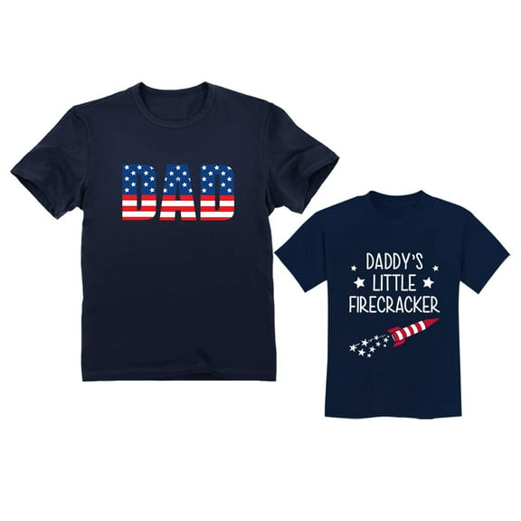 Dad & Toddler's 'USA Dad Daddy's Little Firecracker' Matching Outfit Set - Perfect for 4th of July & National Holidays - Patriotic Navy Design - Dad Navy Medium / Toddler Navy 3T