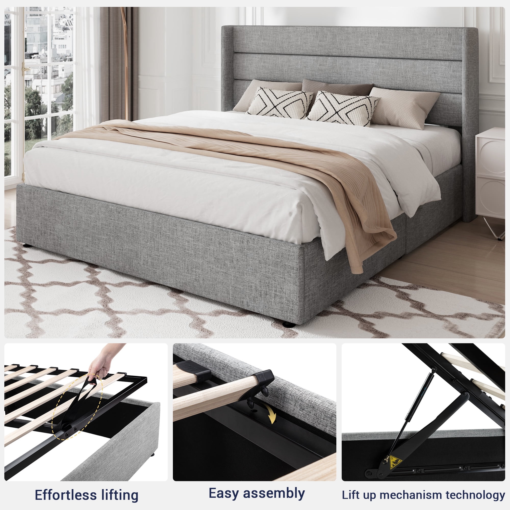 Allewie Full Size Lift Up Platform Storage Bed Frame with Channel Wingback Headboard, Light Grey