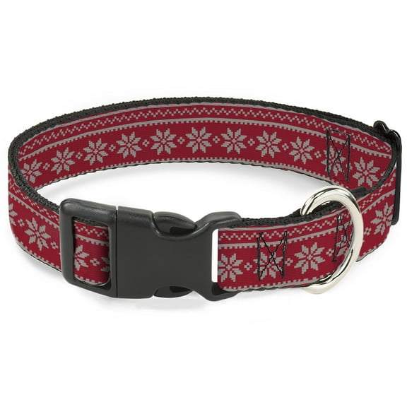 Buckle-Down Pet Collar, Dog Collar Plastic Buckle, Christmas Holiday Fair Isle Stitch Pattern Red White, 7 to 8.5 Inches 0.5 Inch Wide