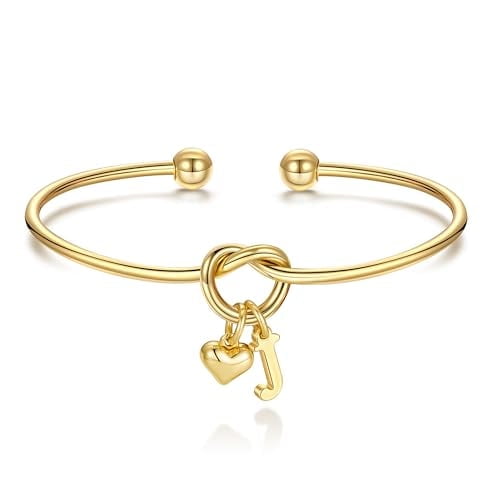 Turandoss 14K Gold Plated Dainty Charm Knot Heart Initial Cuff Bracelet for Women Letter Jewelry Birthday Teacher Appreciation Mothers Day Graduation Gifts for Her Mom Kids Teen Girls Wife Ideas