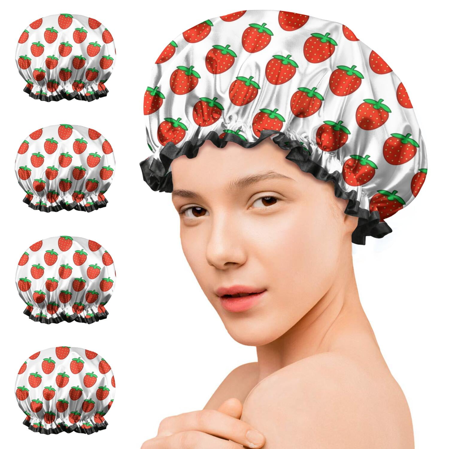 Shower Caps,Red Strawberry Plants White Pattern Waterproof Shower Cap for Women 4 Pieces,Double Reusable Hair Cover for Shower PEVA Elastic Stretch Hem