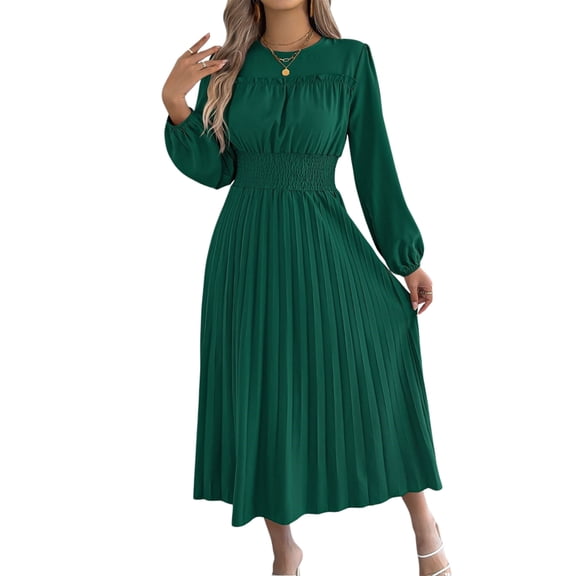Women's Long Sleeve Elegant Pleated Maxi Ruffled Shirred Waist Flowy Bohemian Dress for Daily Wear Green S