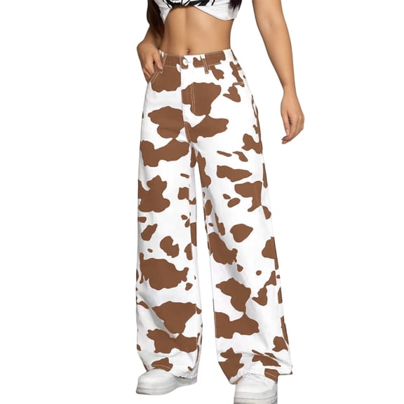 XIAONU Womens Cow Print Wide Leg Jeans Oversized Full Length Button Fly Trousers Lightweight Bold Street Bottoms