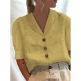 thumbnail image 4 of Camisa de lino y algodón para mujer, cárdigan de un solo pecho con solapa, blusa informal de media manga con burbujas, estilo Simple, Color sólido, nuevo, 4 of 4