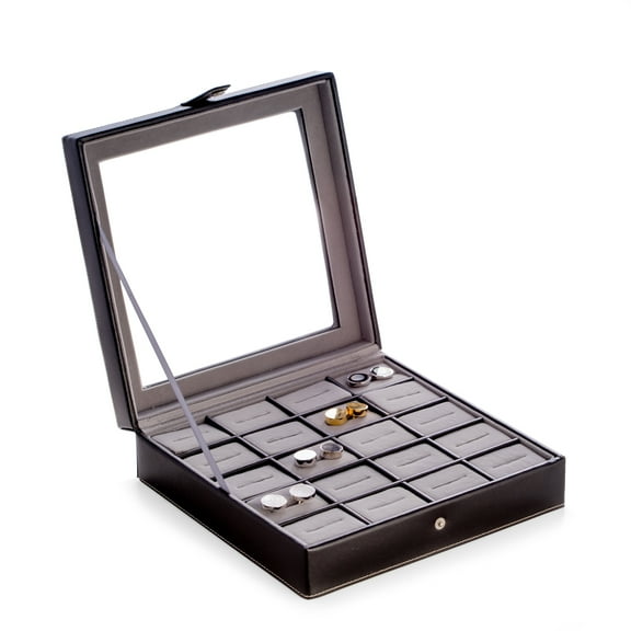 Black Leather 20 Cufflink Box with Glass Top and Snap Closure.