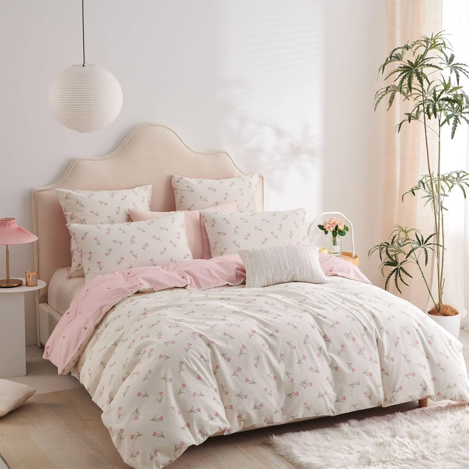 Nayoroom 100% Organic Cotton Duvet Cover Set, 3 Pieces White Pink Floral Flower Tulip Reversible Soft Bedding Set Queen