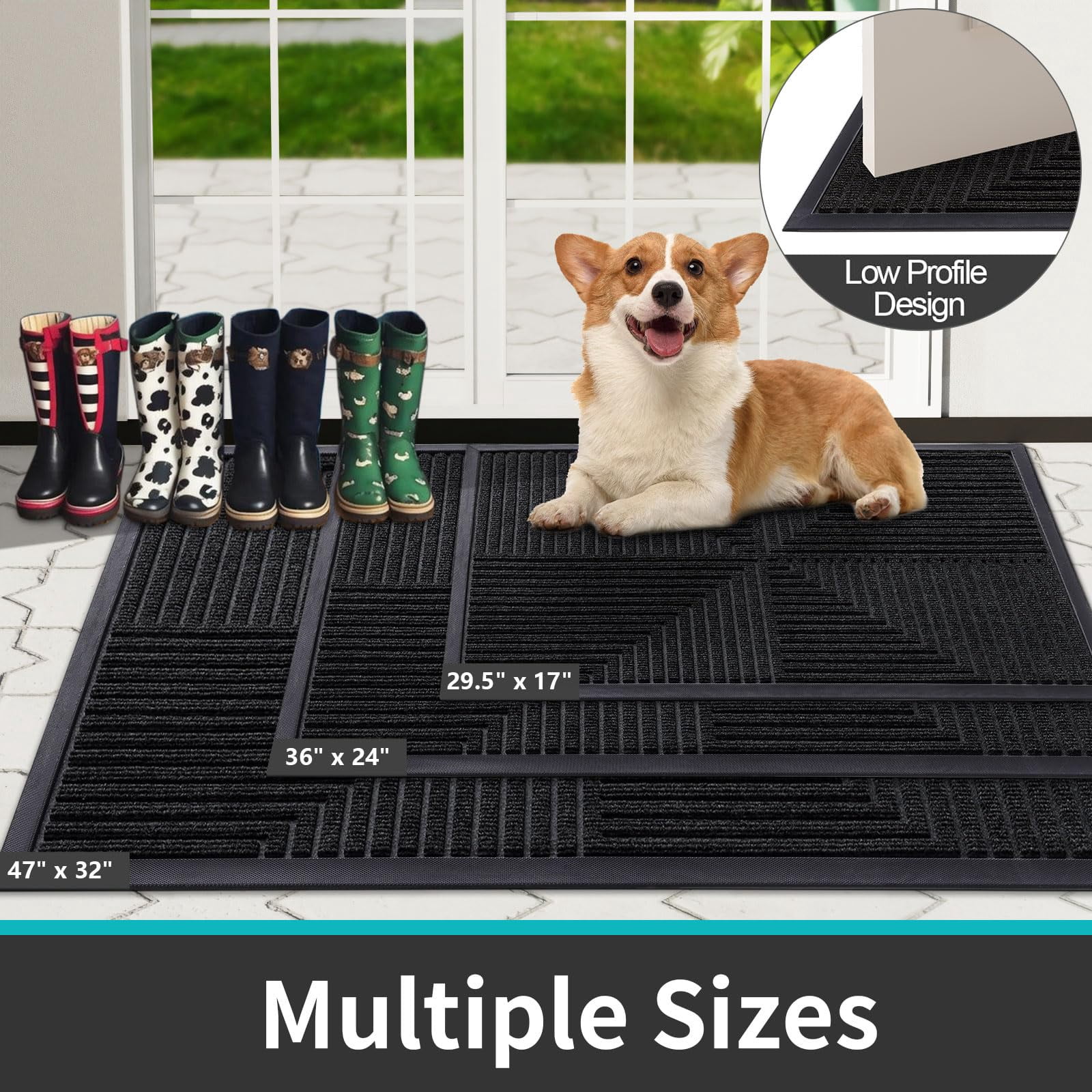 Buganda Heavy Duty Rubber Door Mat for Outside Entry, 24" x 36" Non-Slip Waterproof Doormat for Inside, Low Profile Dirt Trapper Doormat, Black