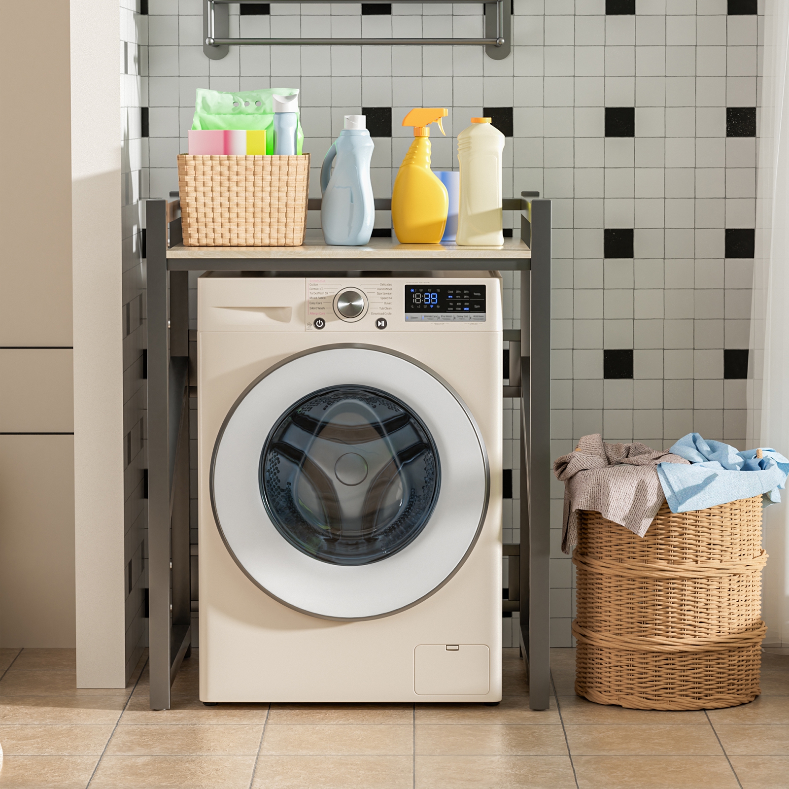 TidBay Over The Washer Storage Shelf, Washing Machine Storage Utility Rack with Countertop, Height Adjustable Washing Machine Storage Stand