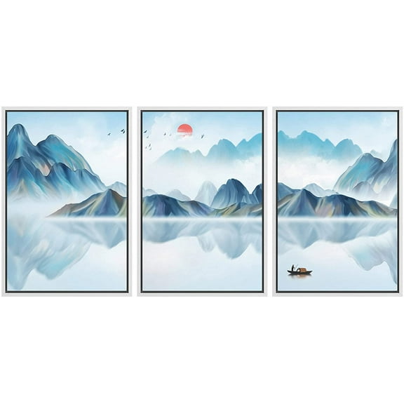 IDEA4WALL Framed Canvas Print Wall Art Set Vibrant Blue Pastel Mountain Reflection Nature Wilderness Modern Art Decorative Landscape Rustic for Living Room, Bedroom, Office - 24"x36"x3 White