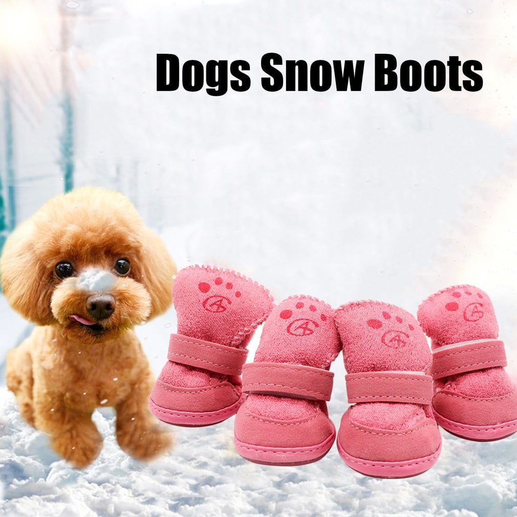 4pcs Dogs Snow Boots Pink Puppy Shoes Winter Warm Soft Cashmere Anti