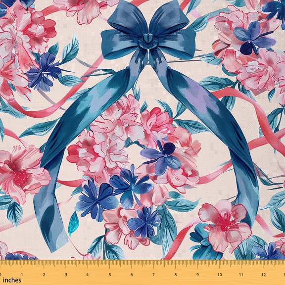 Castle Fairy Retro Pink Flower Fabric by the Yard 1 Yard, Blue Ribbon Bow Tie Room Decor Fabric by the Yard, Girly Floral Fabric for Sewing, Luxury Bedroom Decor