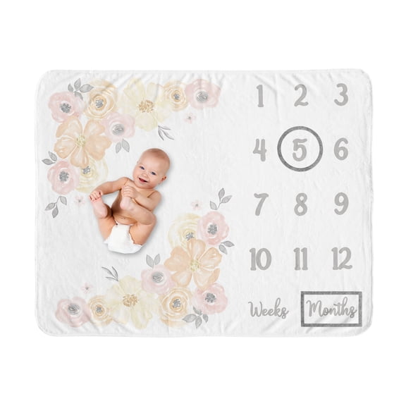 Sweet Jojo Designs Watercolor Floral Yellow Pink and Grey Fleece Milestone Baby Blanket 3 Piece Set