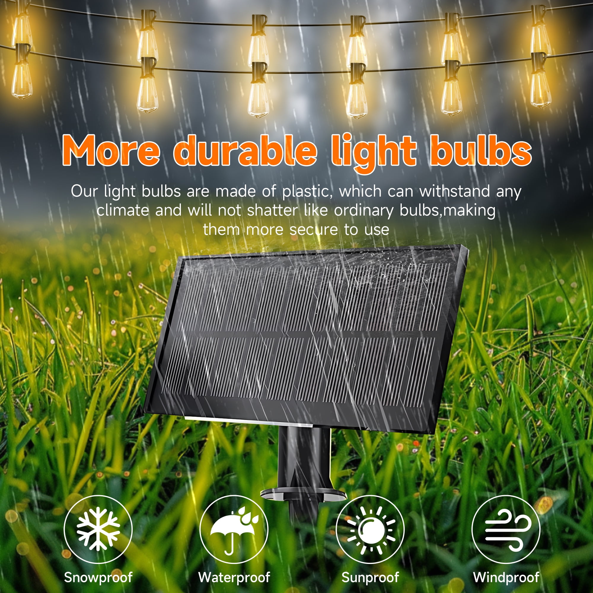 DAYBETTER Solar Outdoor String Lights，100FT Waterproof ST38 Hanging Patio Lights for Yard 25 Bulbs
