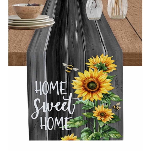 ERUNPONLY Spring Sunflowers Table Runner - 72 Inch Long Black Wooden Grain Country Farm Cotton and Linen Blended Dress Scarves Farmhouse Table Runner for Kitchen Dining, Coffee Table, 14"x72"