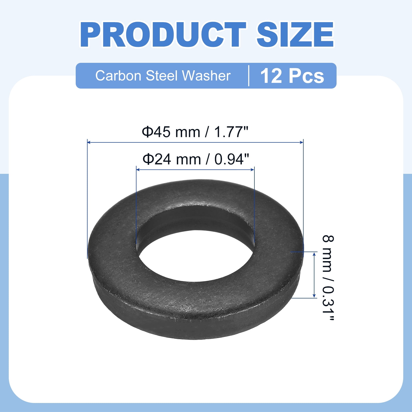 Uxcell 12pcs 1" Black Flat Washer for M24 Screw, Steel Metal Washers 24mm ID 45mm OD 8mm l for Industrial, Screws Bolts