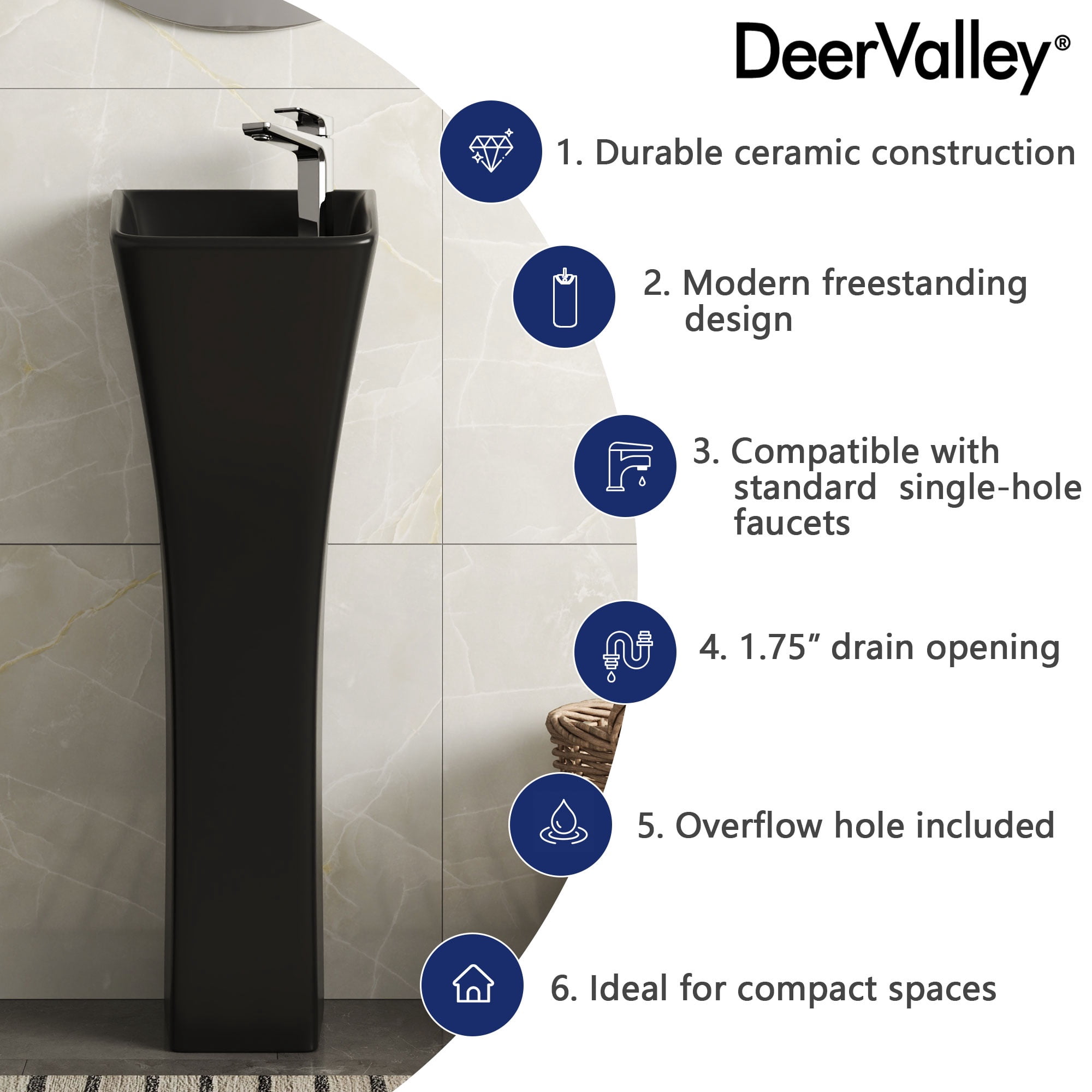 35 in. Tall Ceramic Rectangular Pedestal Bathroom Sink in Black with Single Faucet Hole and Overflow  DV-1P529B