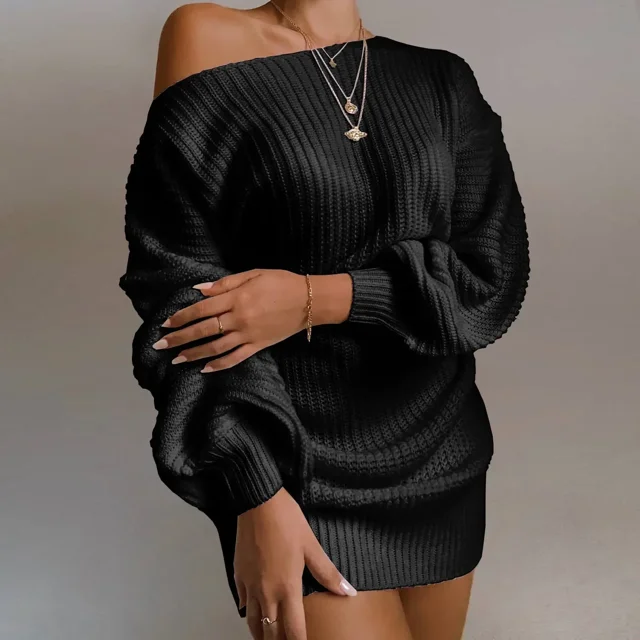 Vestidos de mujer moda de primavera hombro frío manga acampanada Casual liso manga larga diario Mini suéter de punto vestido ropa de mujer