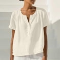 thumbnail image 2 of Staron Spring Summer Blouse for Women Casual V Neck Button Down Ruffle Short Sleeve Linen Top, White L, 2 of 6