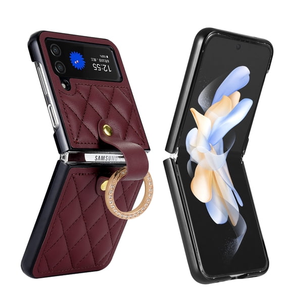 for Samsung Galaxy Z Flip 3 Case, Elegant PU Leather Case with Diamond Finger Ring & Ring Buckle, Shockproof Full Body Protection Fashionable Protective Cover for Samsung Galaxy Z Flip 3, Winered