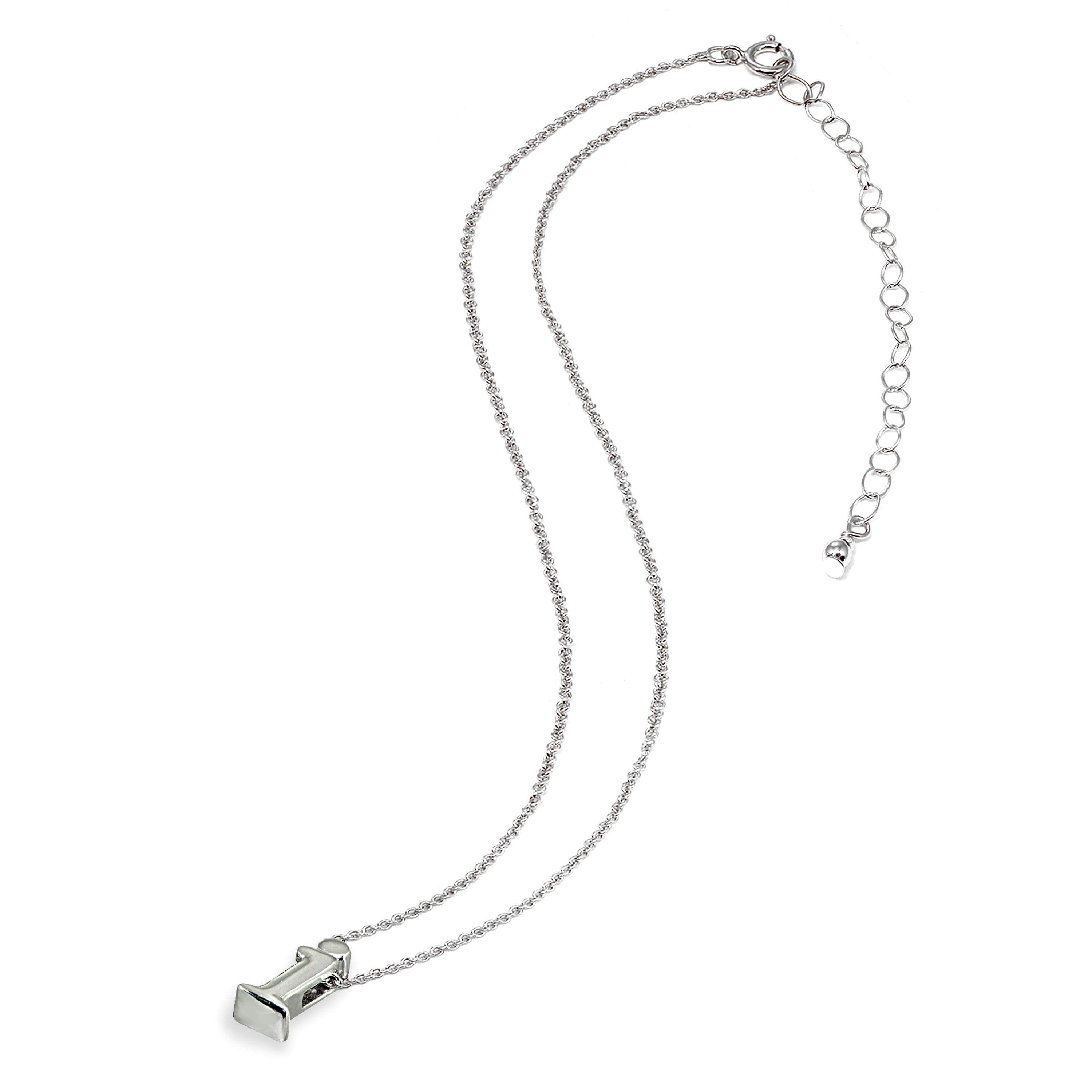 Sterling Silver I Letter Initial Alphabet 925 Silver Necklace, 15 inches with extender