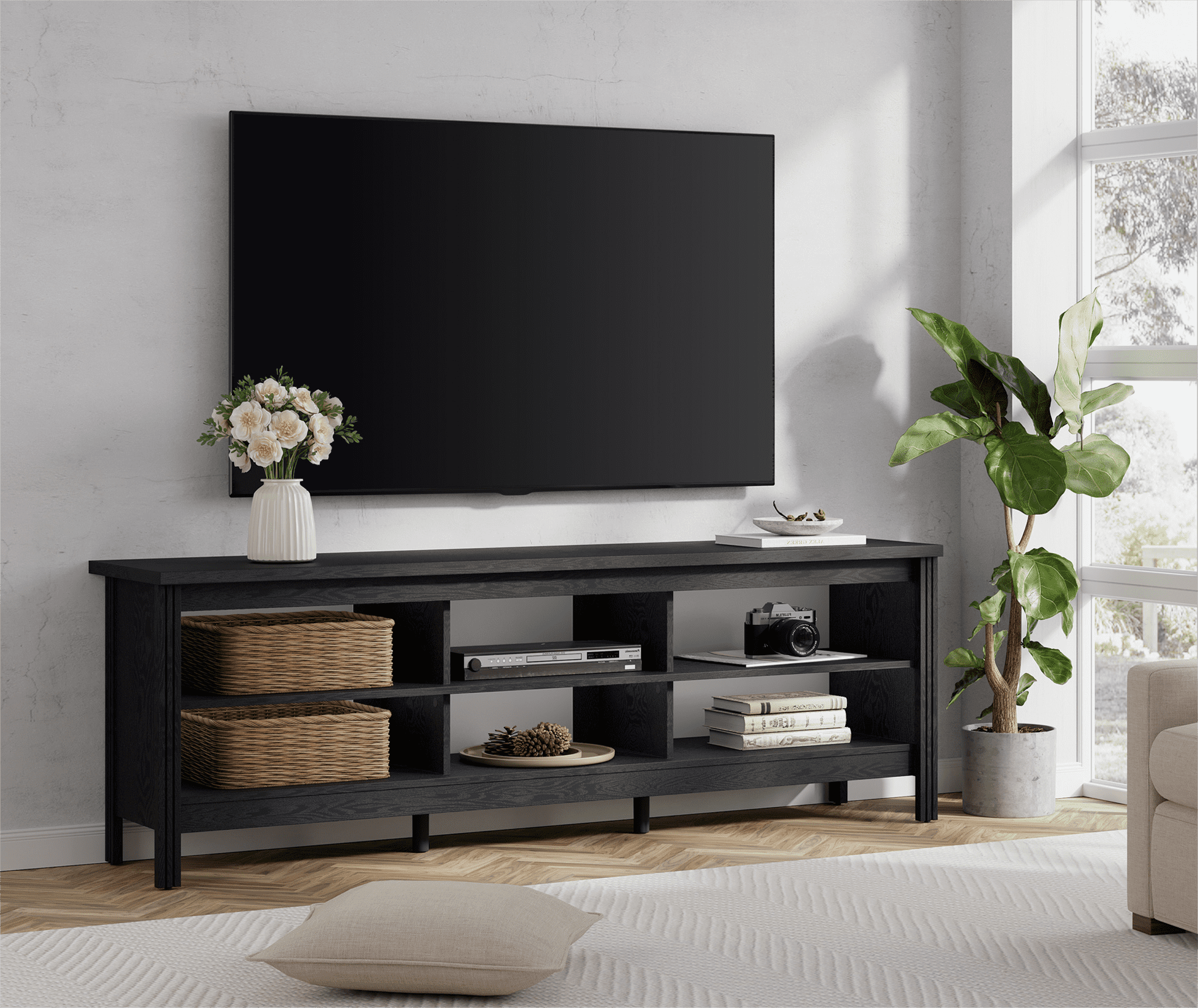 Farmhouse TV Stand for 75 inch TV, Black Entertainment Center with 6 Storage for Living Room, Bedroom, 70 Inch