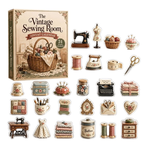 24 Piece Vintage Christmas Tree Ornaments Set with Acrylic Blind Box, Retro Sewing Room Theme, for Holiday Decor and Collectors, Decorations